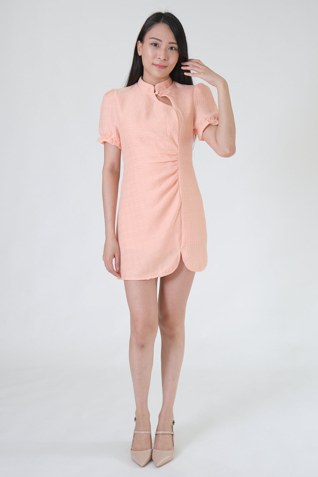 Chixxie Rosa Tweed Cheongsam Playsuit (Peach)