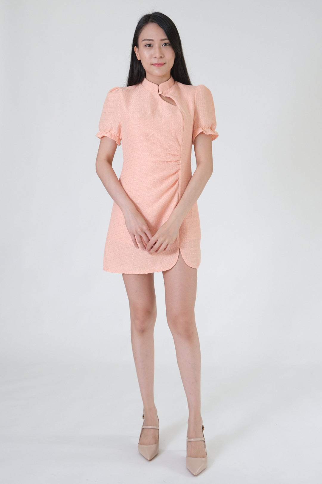 Chixxie Rosa Tweed Cheongsam Playsuit (Peach)