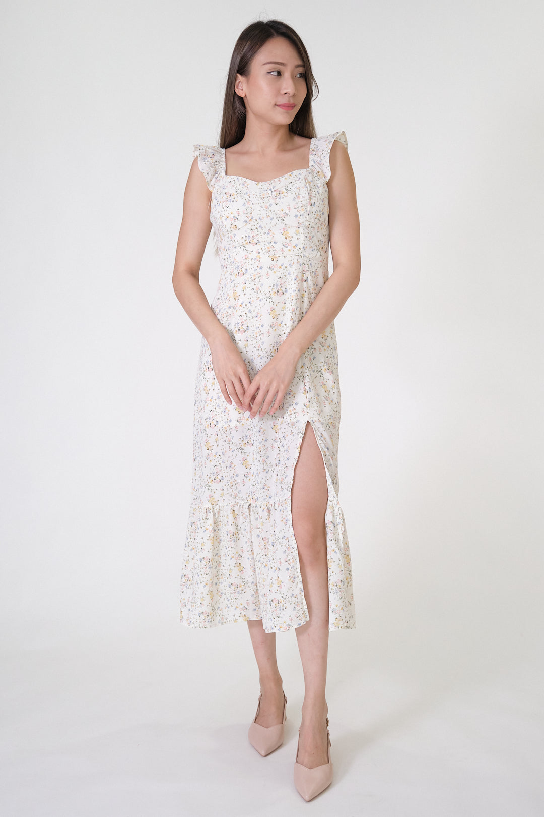 Chixxie Autumn Floral Midi Dress (White)