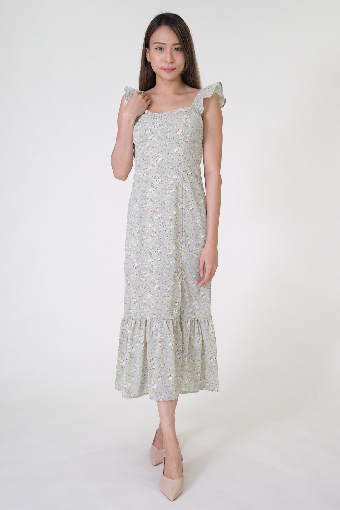 Chixxie Autumn Floral Midi Dress (Sage)