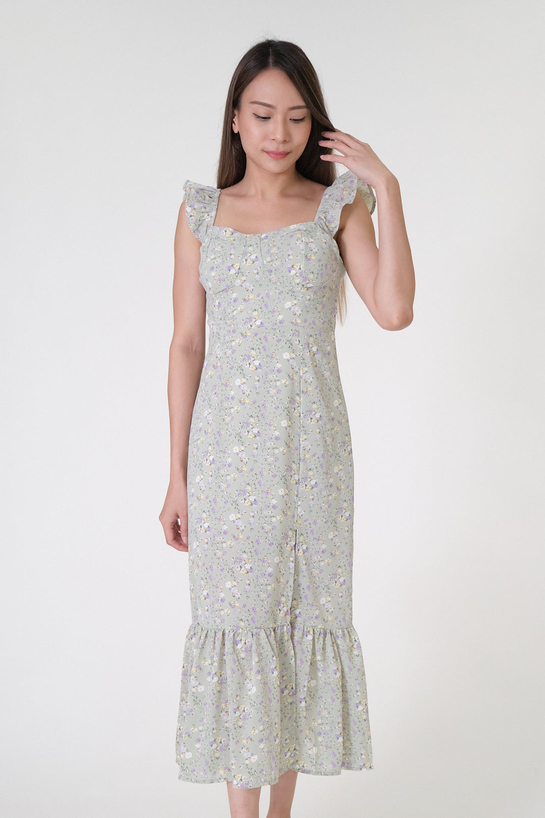 Chixxie Autumn Floral Midi Dress (Sage)