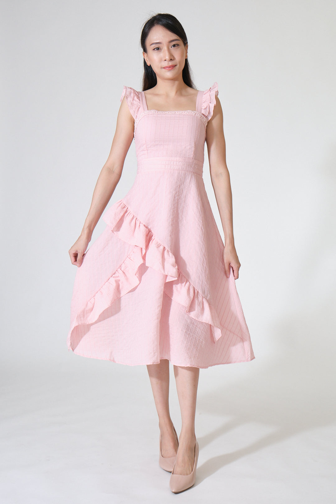 Chixxie Taylor Frill Midi Dress (Pink)