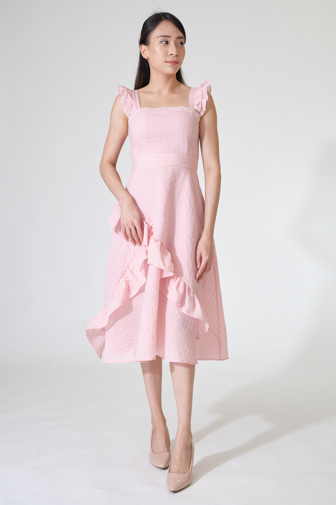 Chixxie Taylor Frill Midi Dress (Pink)
