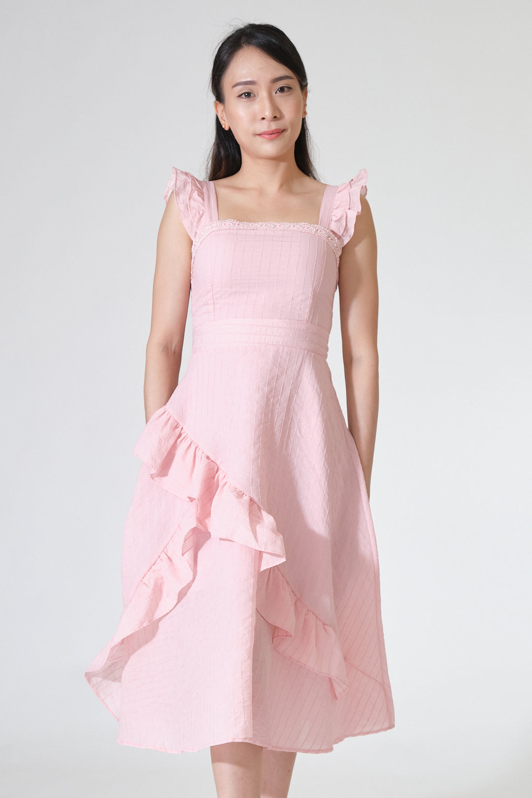 Chixxie Taylor Frill Midi Dress (Pink)