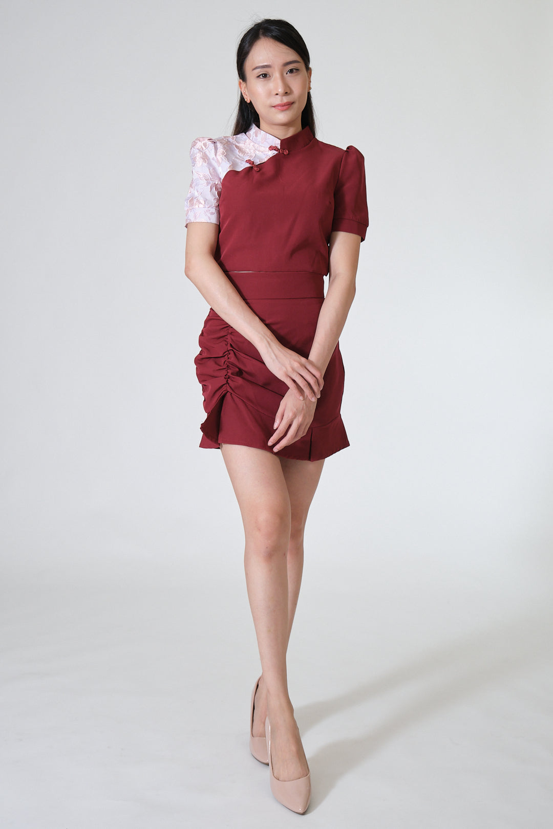 Chixxie Magnolia Two-Piece Cheongsam Set (Red) by