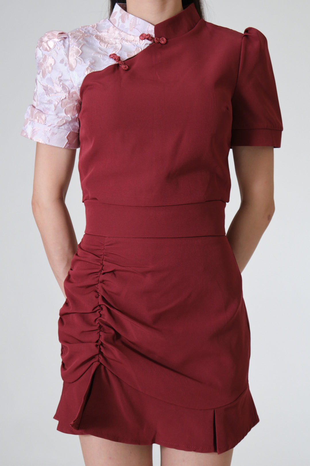 Chixxie Magnolia Two-Piece Cheongsam Set (Red) by
