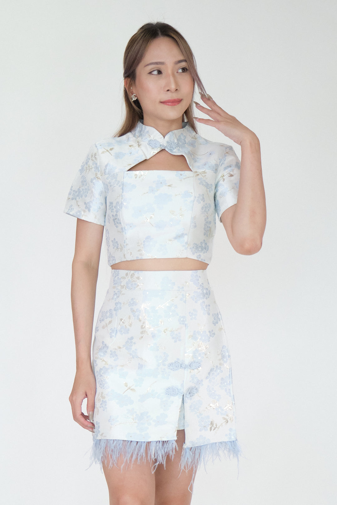 Chixxie Sakura Two-Piece Cheongsam Set (Blue)