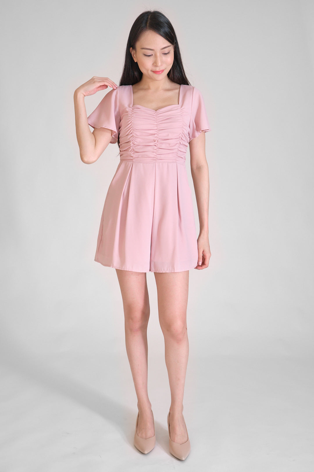 Chixxie Cassidy Ruched Sweetheart Playsuit (Pink)