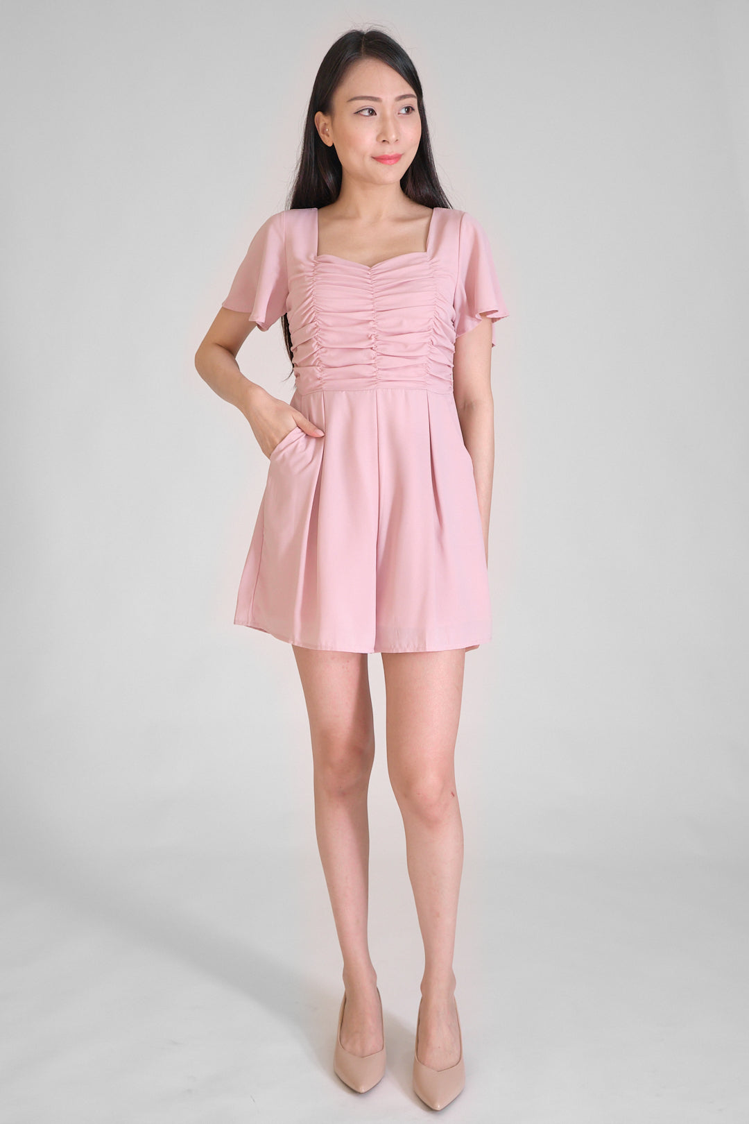 Chixxie Cassidy Ruched Sweetheart Playsuit (Pink)