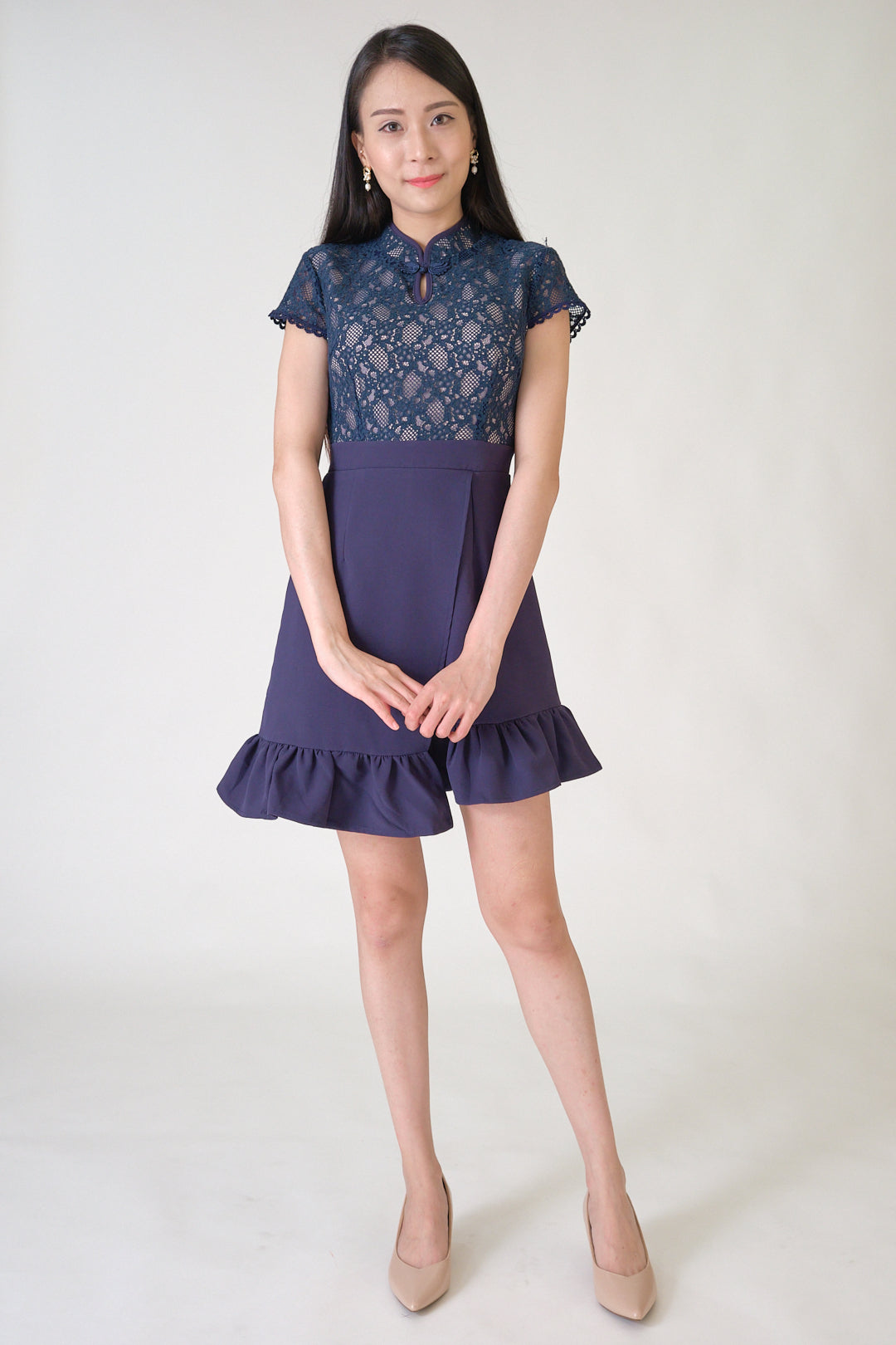 Chixxie Moon Lace Cheongsam Dress (Navy)