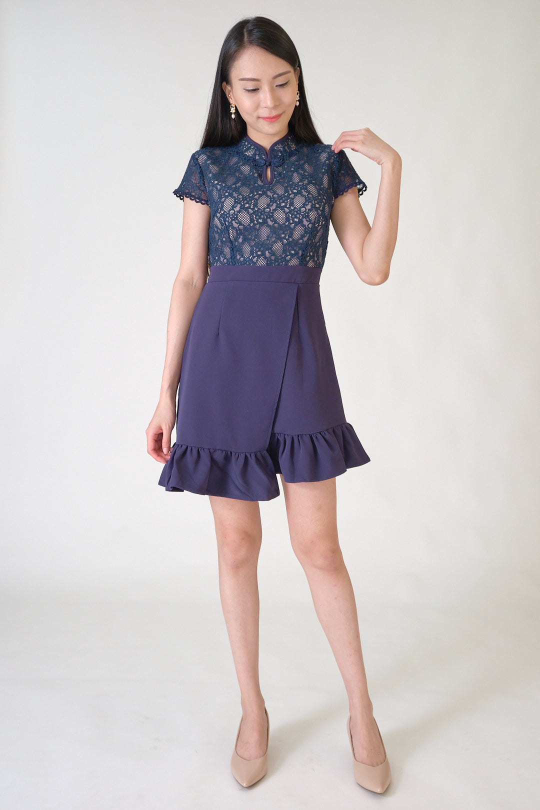 Chixxie Moon Lace Cheongsam Dress (Navy)