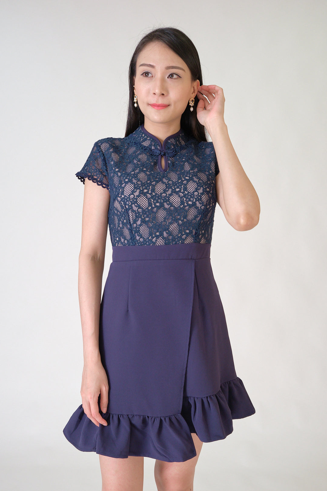 Chixxie Moon Lace Cheongsam Dress (Navy)