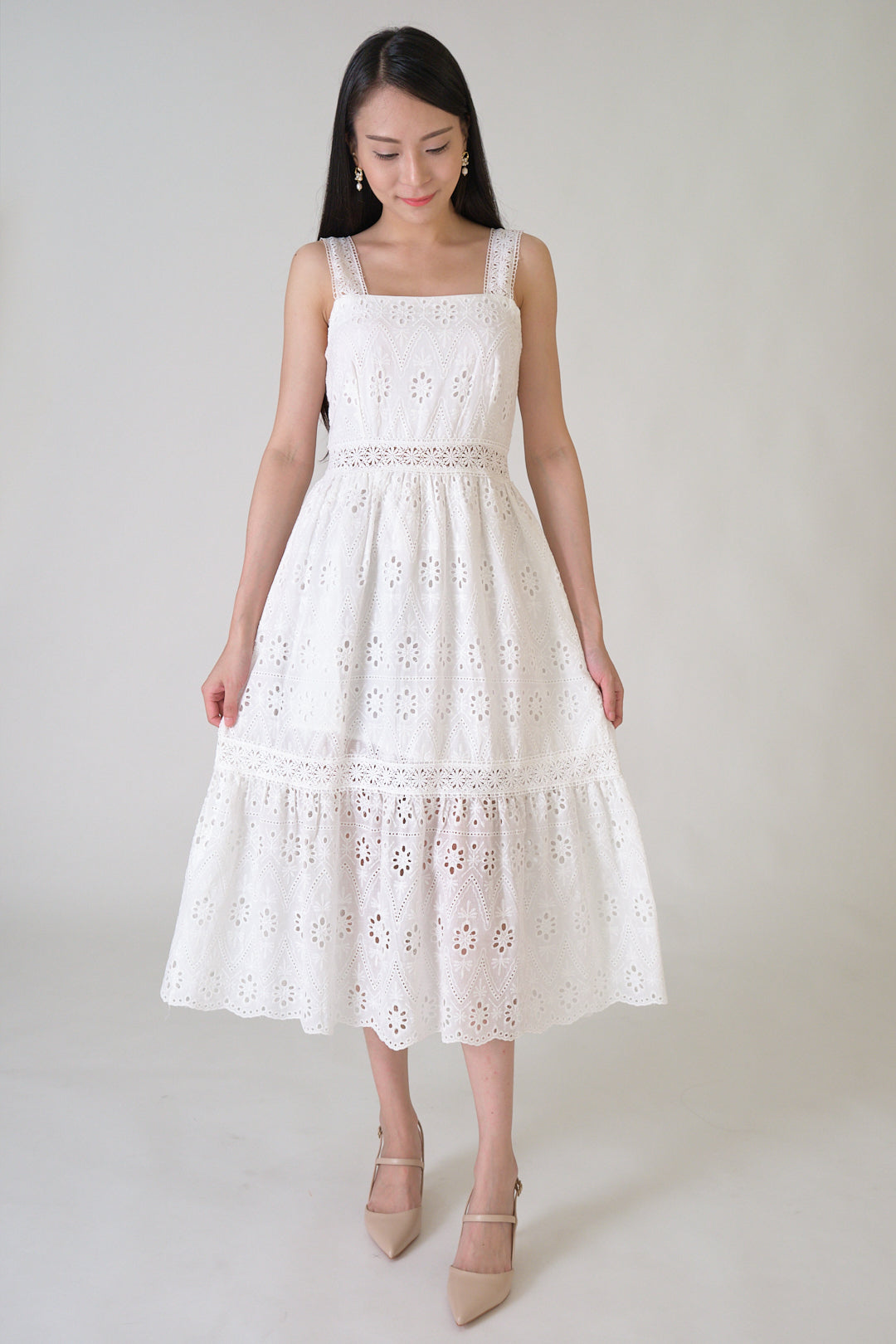Chixxie Ivory Lace Midi Dress (White)