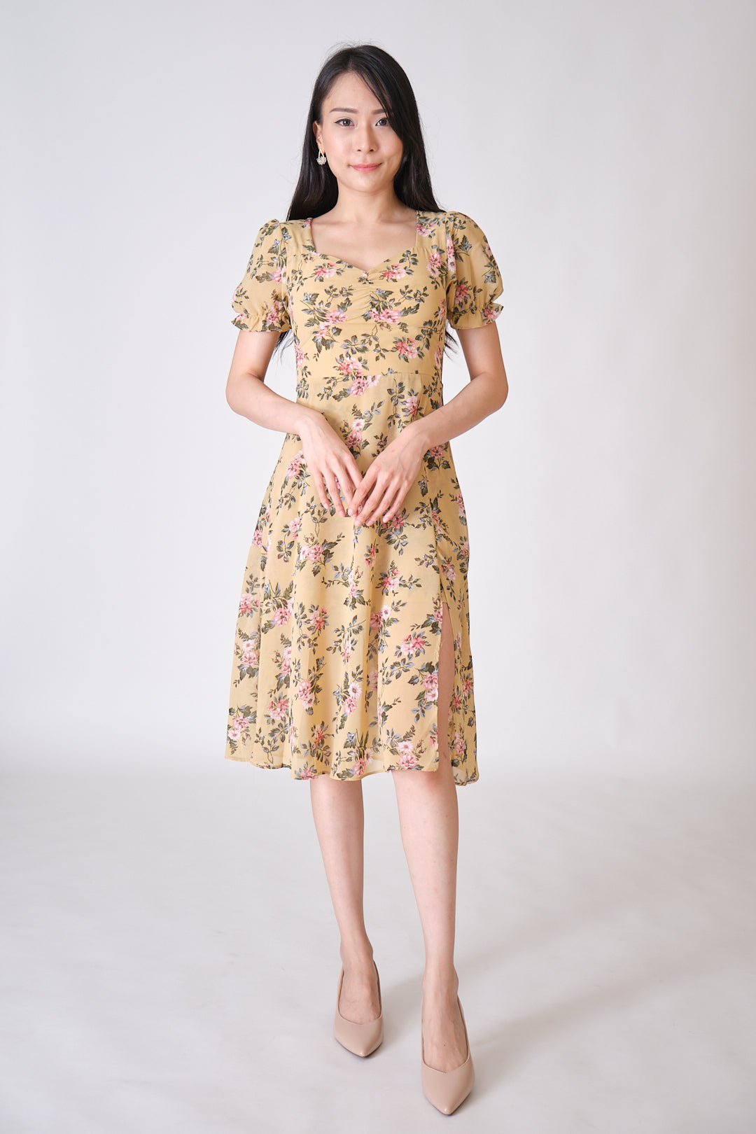 Chixxie Christine Floral Slit Midi Dress (Yellow)