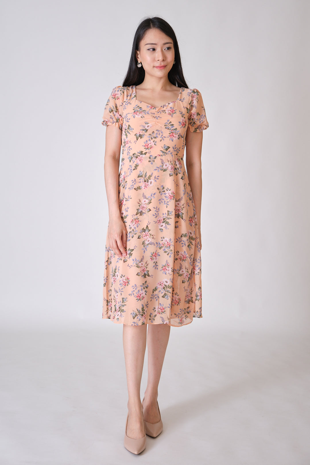 Chixxie Christine Floral Slit Midi Dress (Peach)