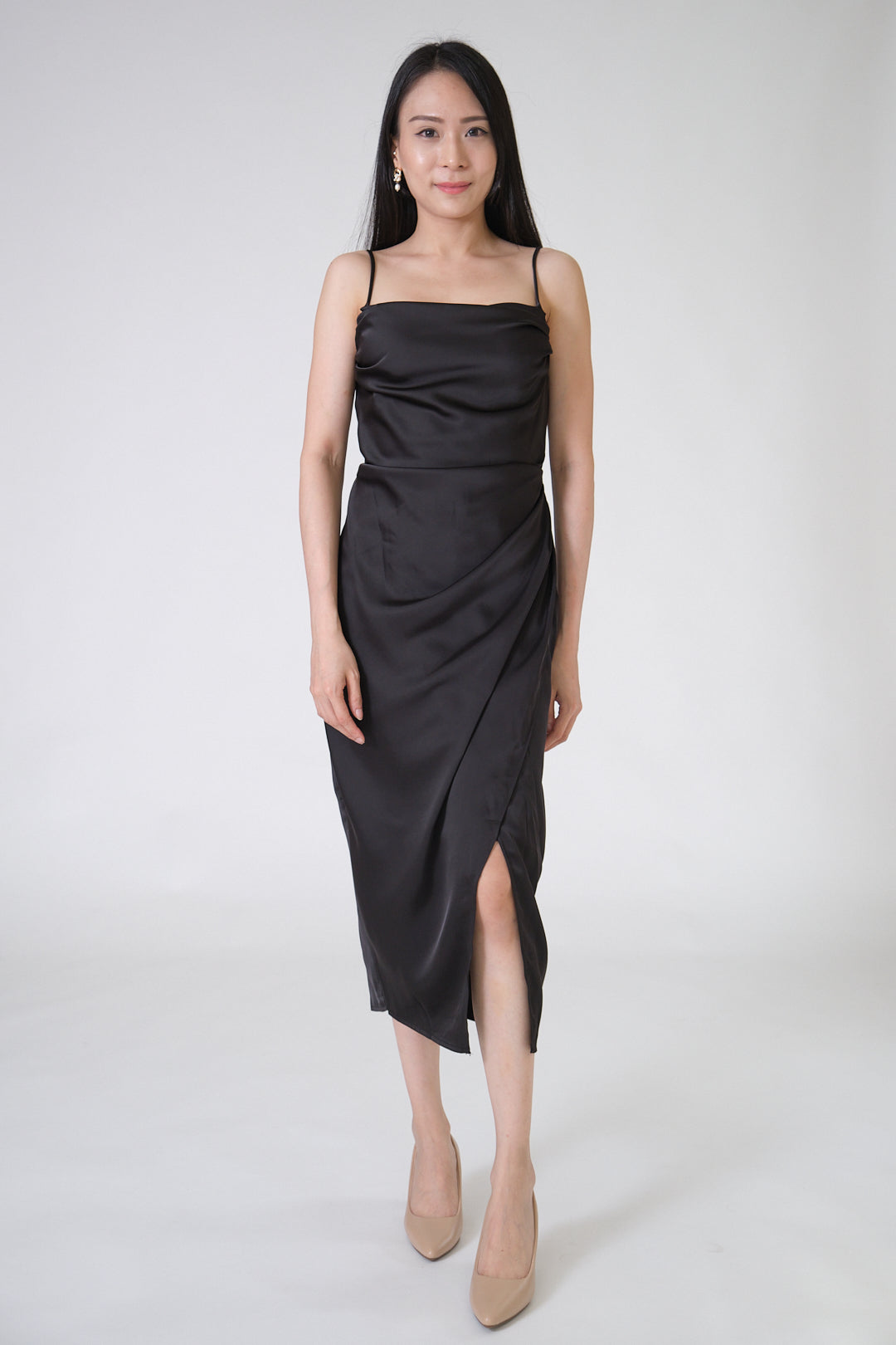 Chixxie Gigi Satin Slit Dress (Black)