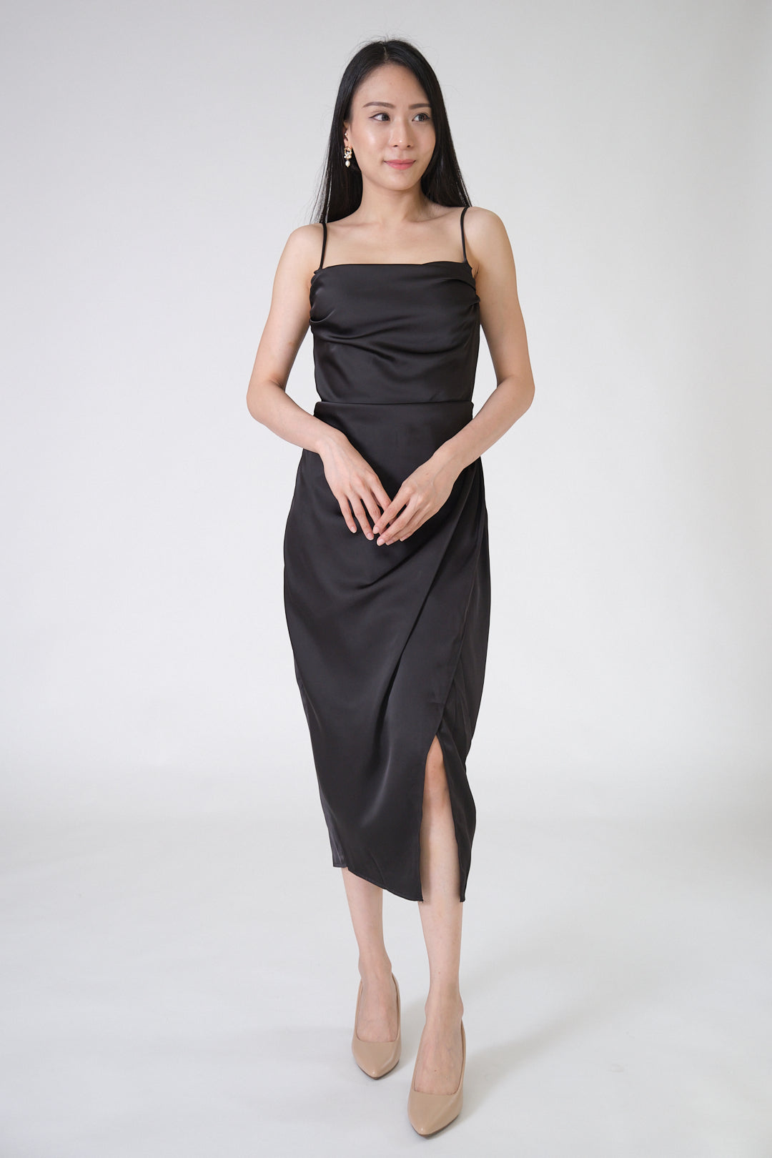 Chixxie Gigi Satin Slit Dress (Black)