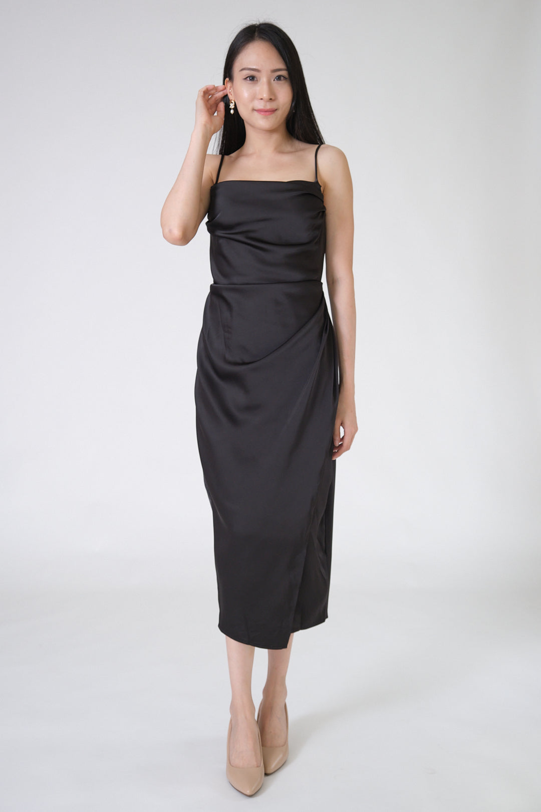 Chixxie Gigi Satin Slit Dress (Black)