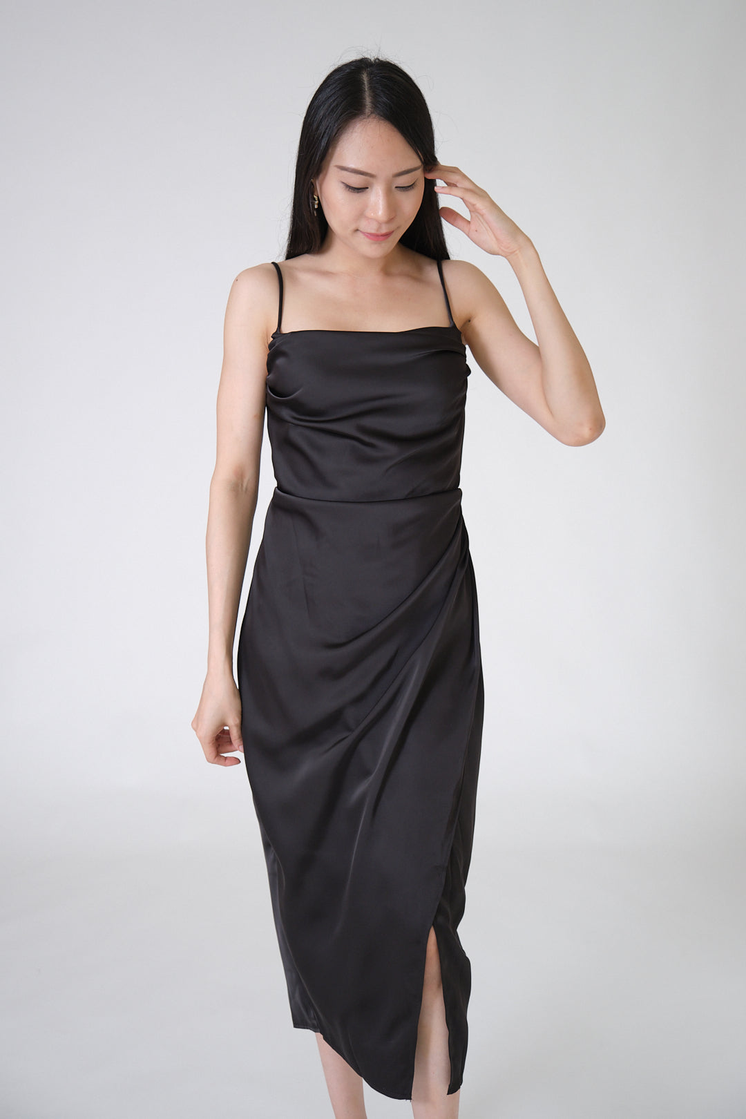 Chixxie Gigi Satin Slit Dress (Black)