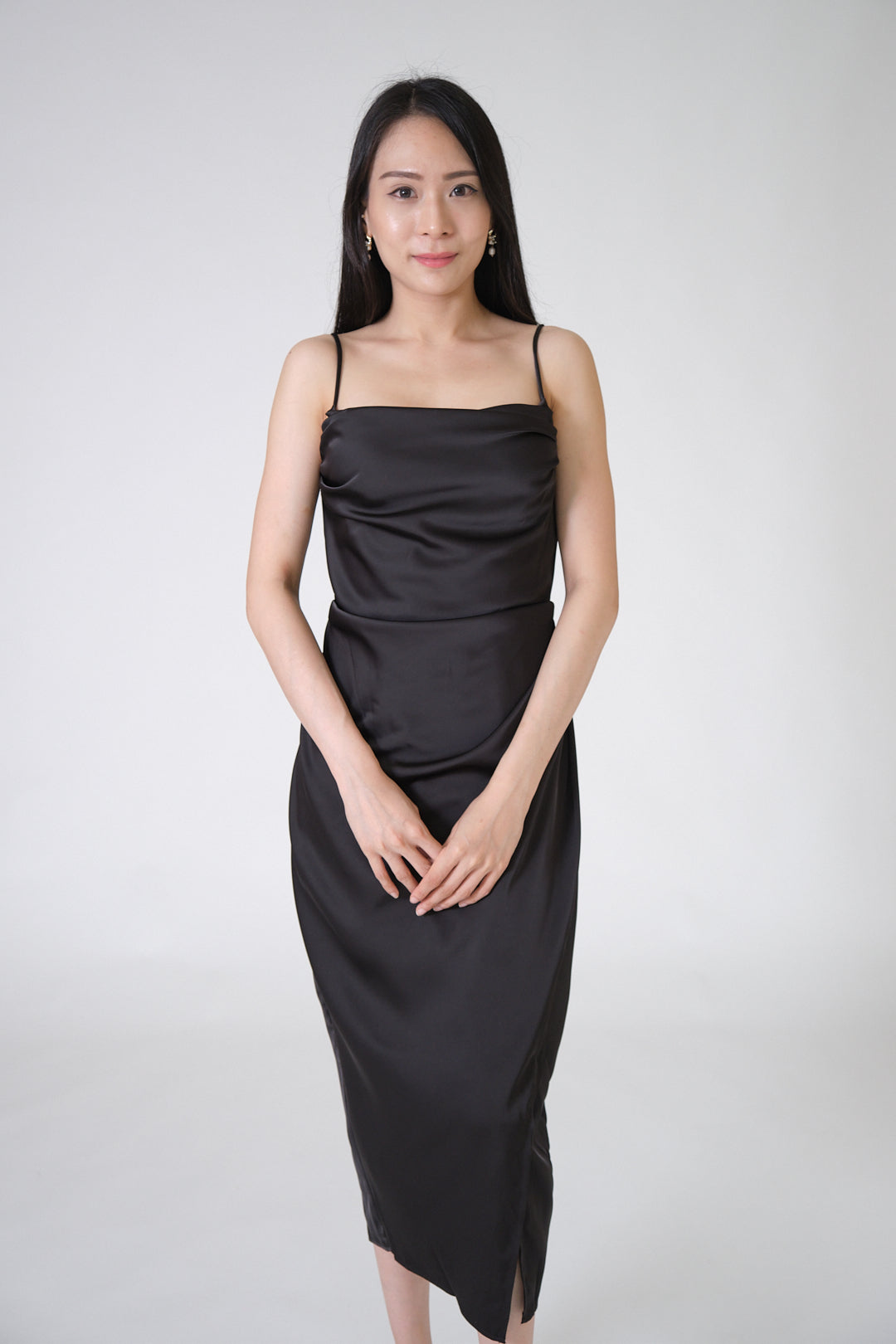 Chixxie Gigi Satin Slit Dress (Black)