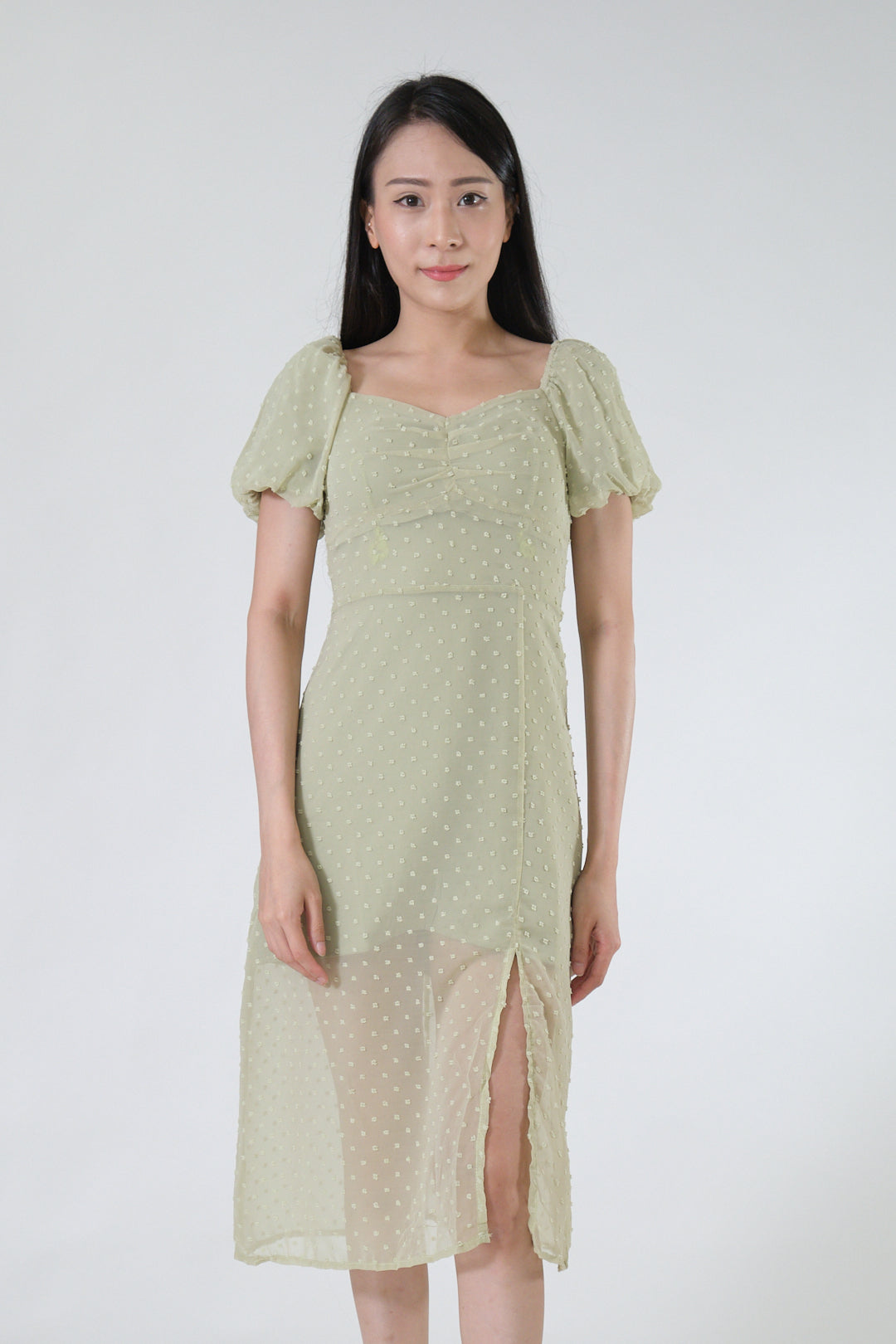 Chixxie Mavis Puffy Sleeve Slit Dress (Green)