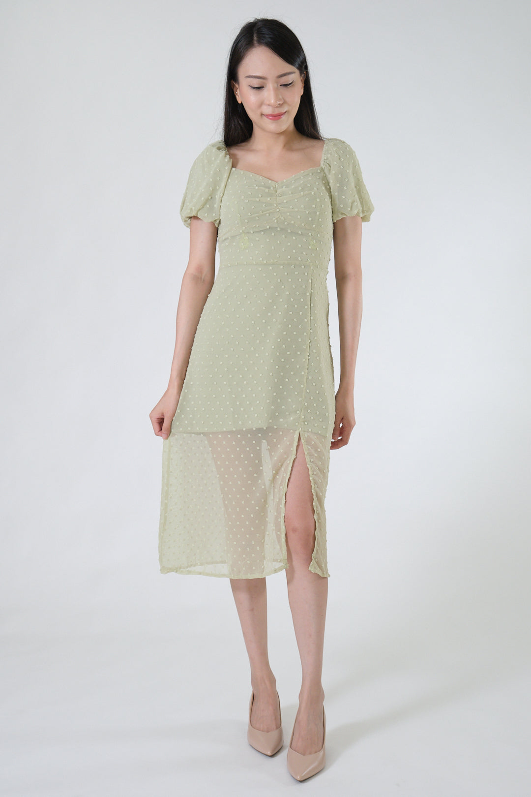 Chixxie Mavis Puffy Sleeve Slit Dress (Green)