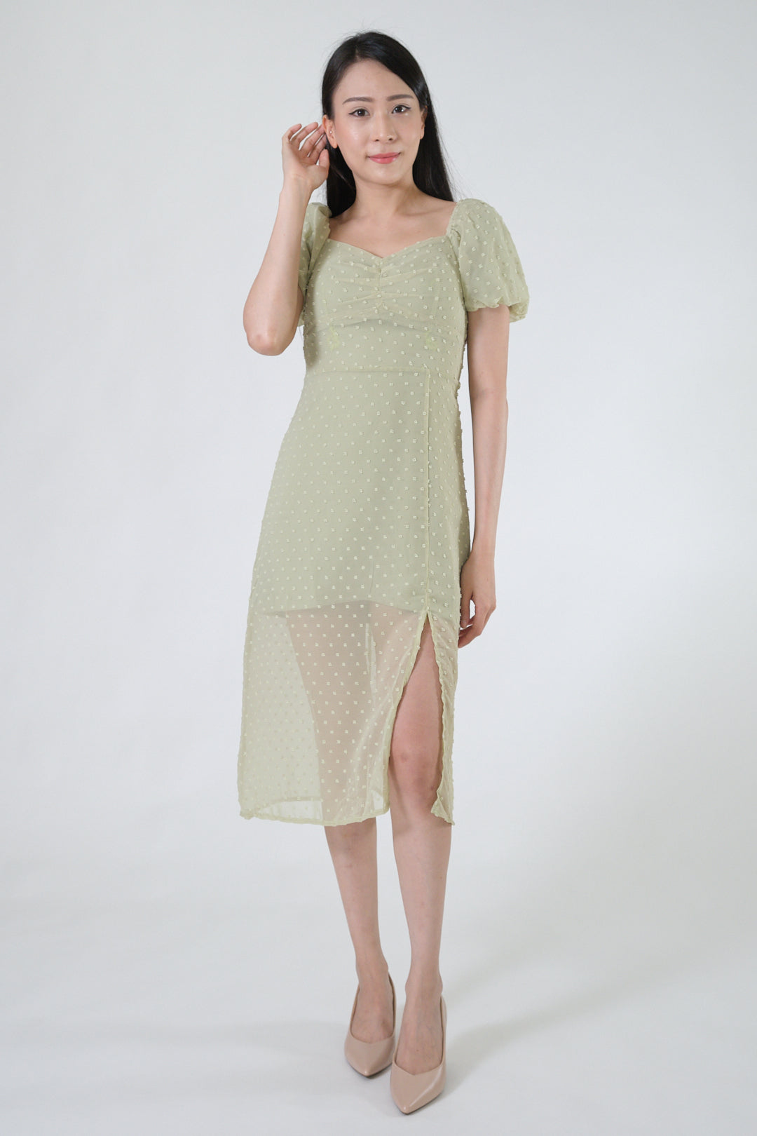 Chixxie Mavis Puffy Sleeve Slit Dress (Green)