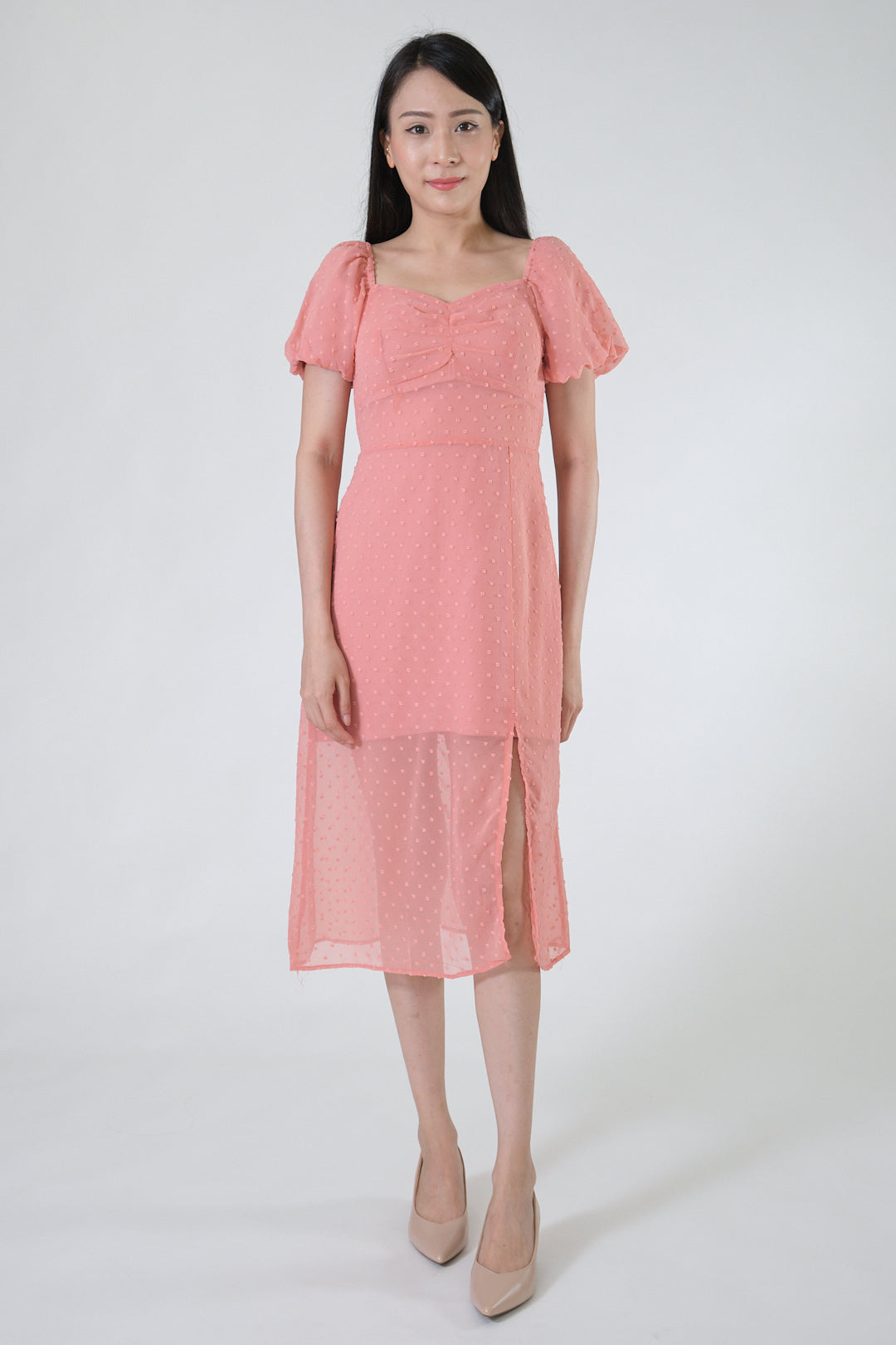 Chixxie Mavis Puffy Sleeve Slit Dress (Coral)