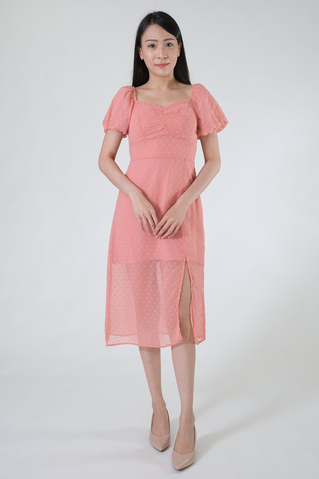 Chixxie Mavis Puffy Sleeve Slit Dress (Coral)