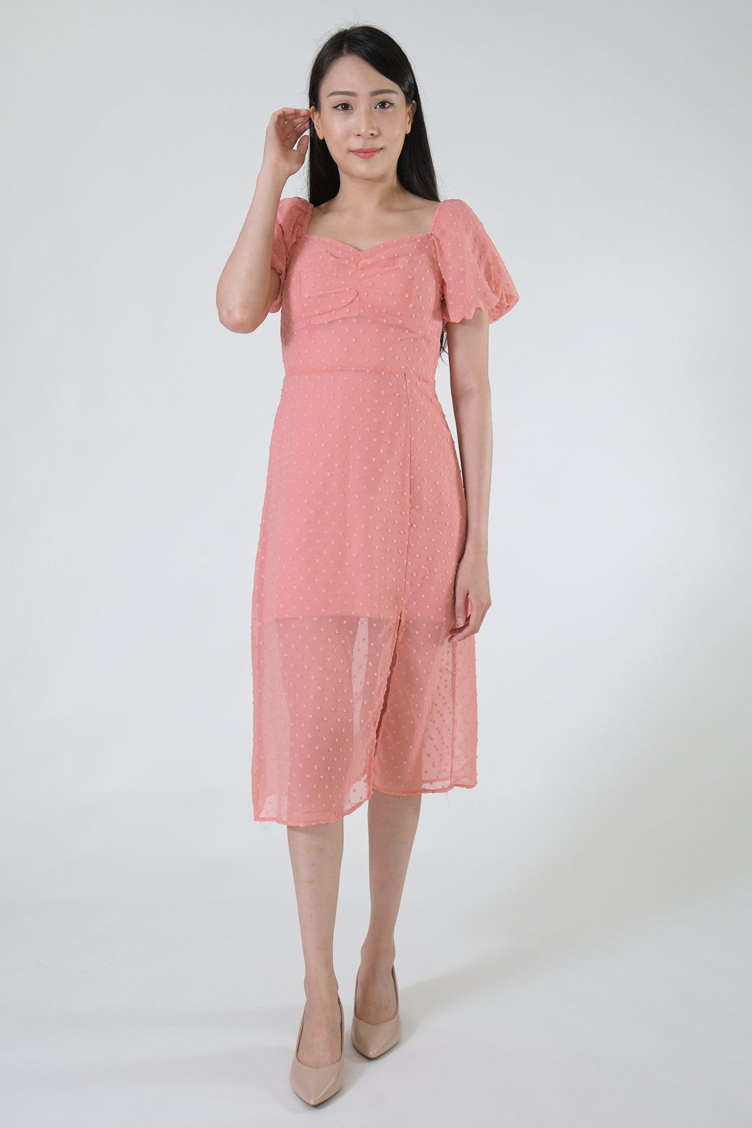 Chixxie Mavis Puffy Sleeve Slit Dress (Coral)