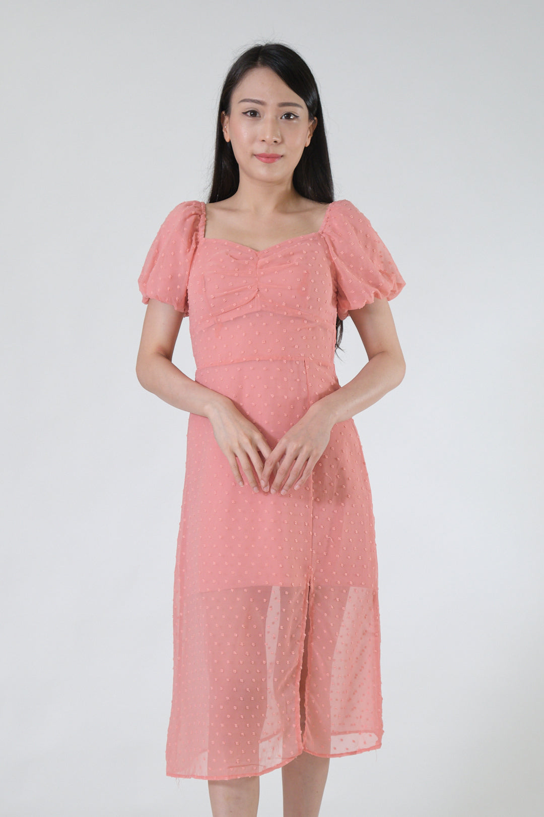 Chixxie Mavis Puffy Sleeve Slit Dress (Coral)