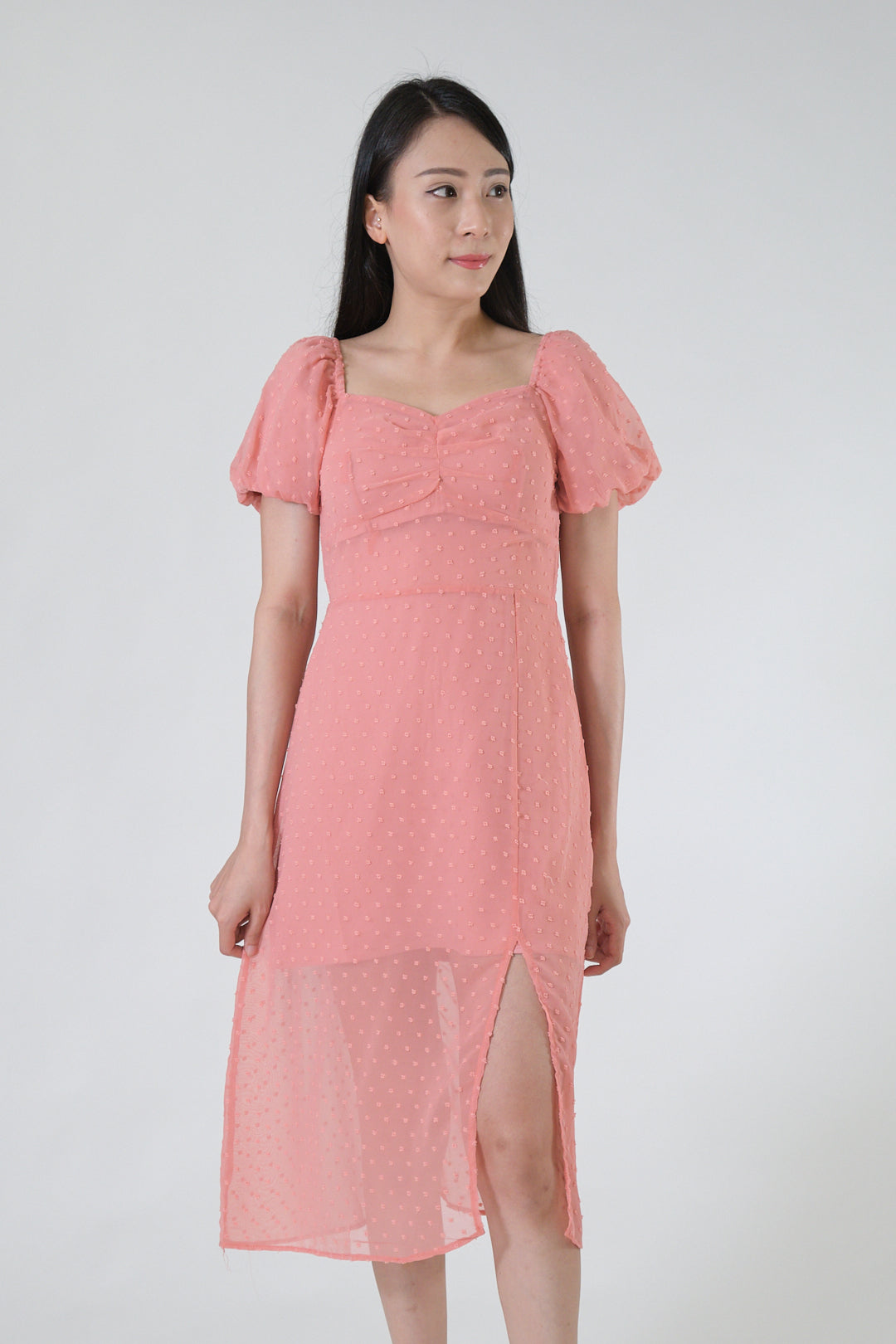 Chixxie Mavis Puffy Sleeve Slit Dress (Coral)