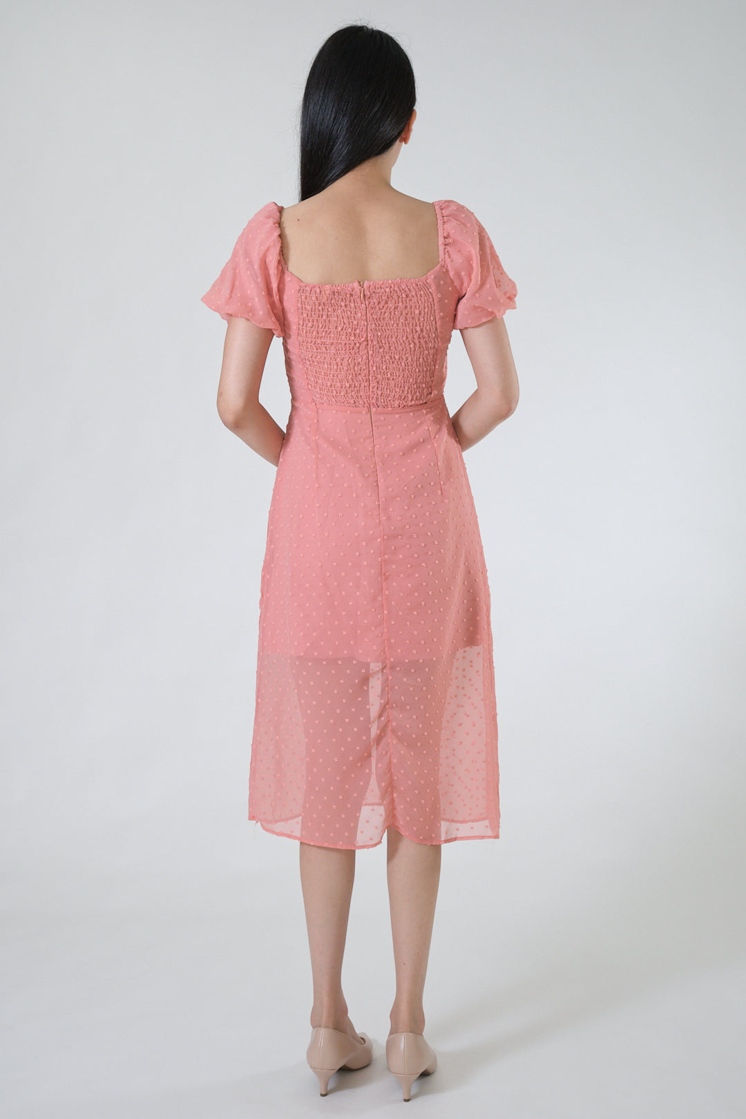 Chixxie Mavis Puffy Sleeve Slit Dress (Coral)