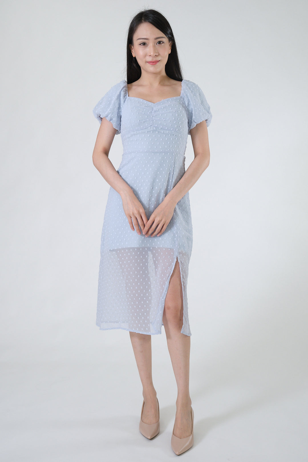 Chixxie Mavis Puffy Sleeve Slit Dress (Blue)