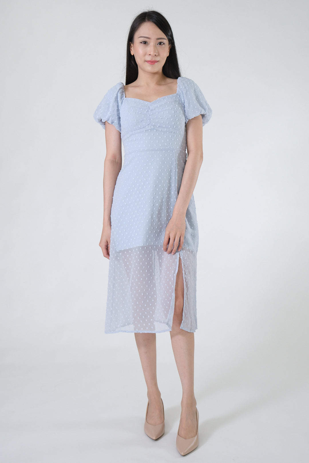 Chixxie Mavis Puffy Sleeve Slit Dress (Blue)