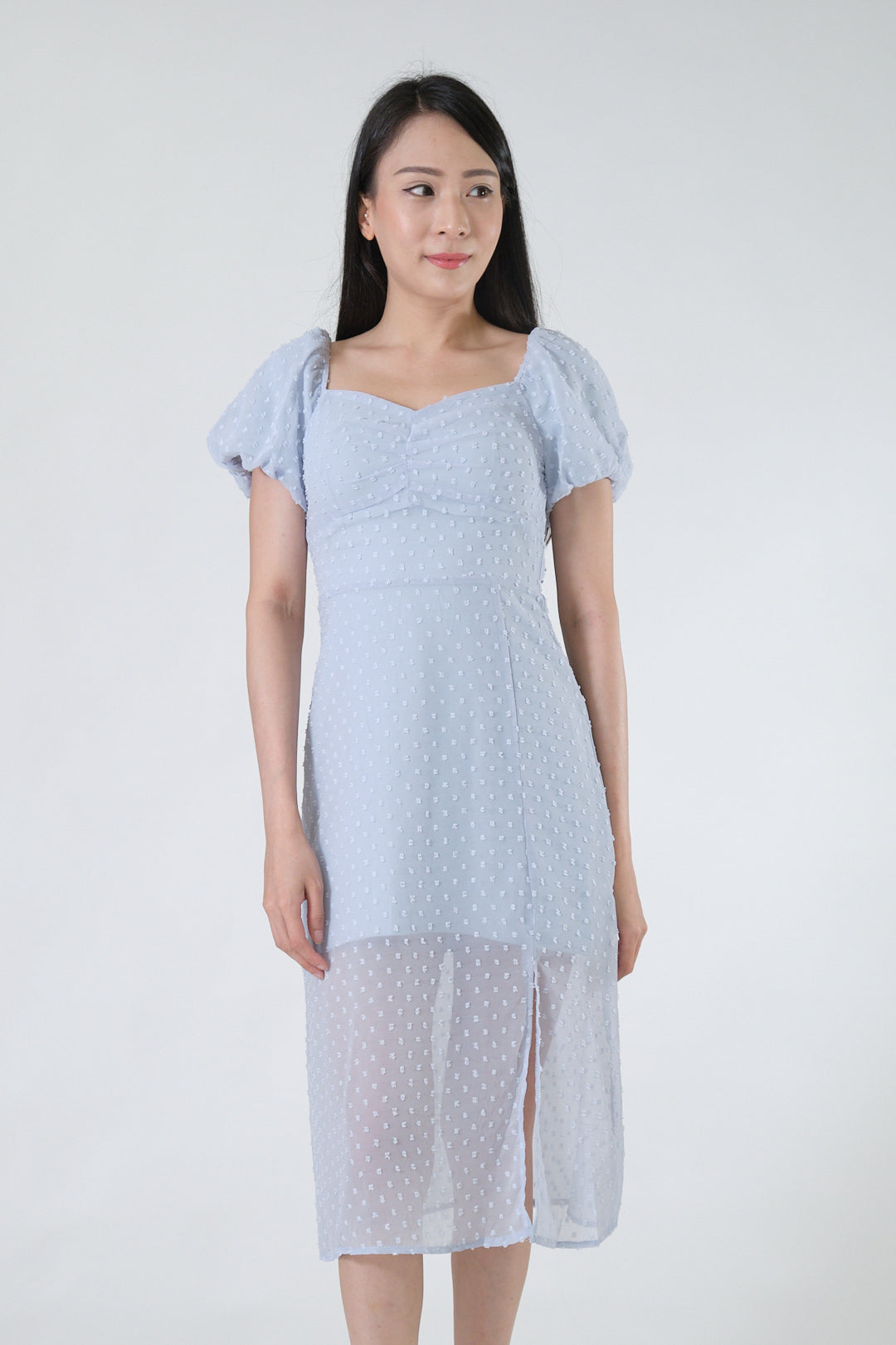 Chixxie Mavis Puffy Sleeve Slit Dress (Blue)