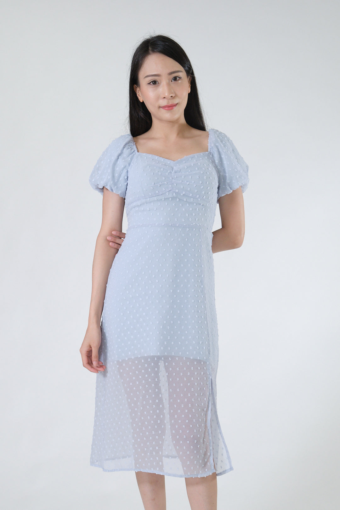Chixxie Mavis Puffy Sleeve Slit Dress (Blue)