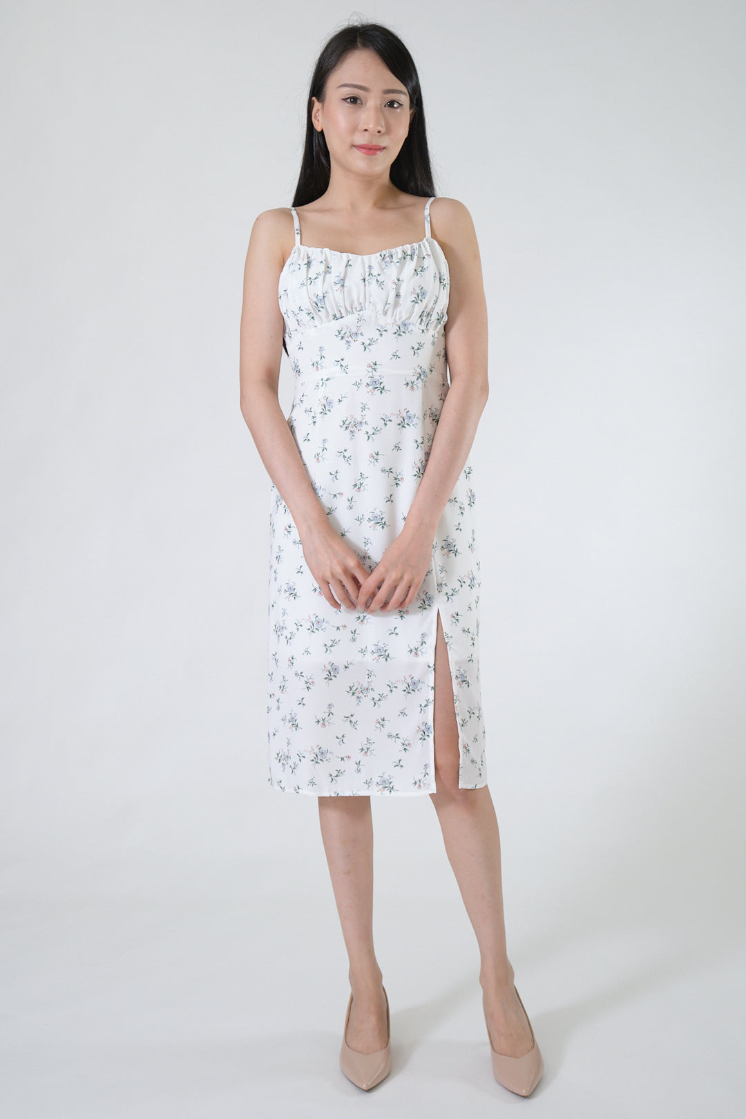 Chixxie Lily Floral Slit Dress (White)