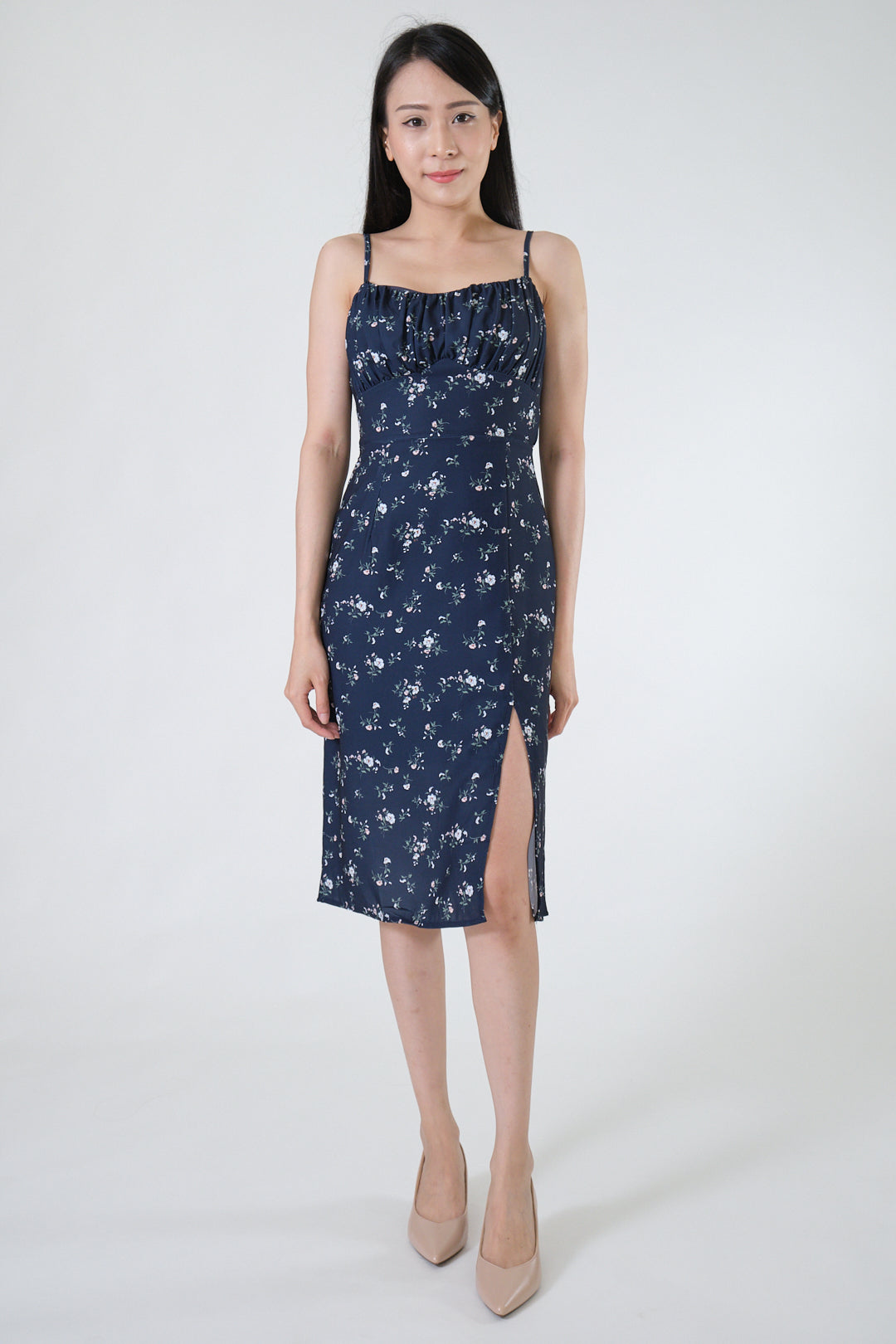 Chixxie Lily Floral Slit Dress (Navy)