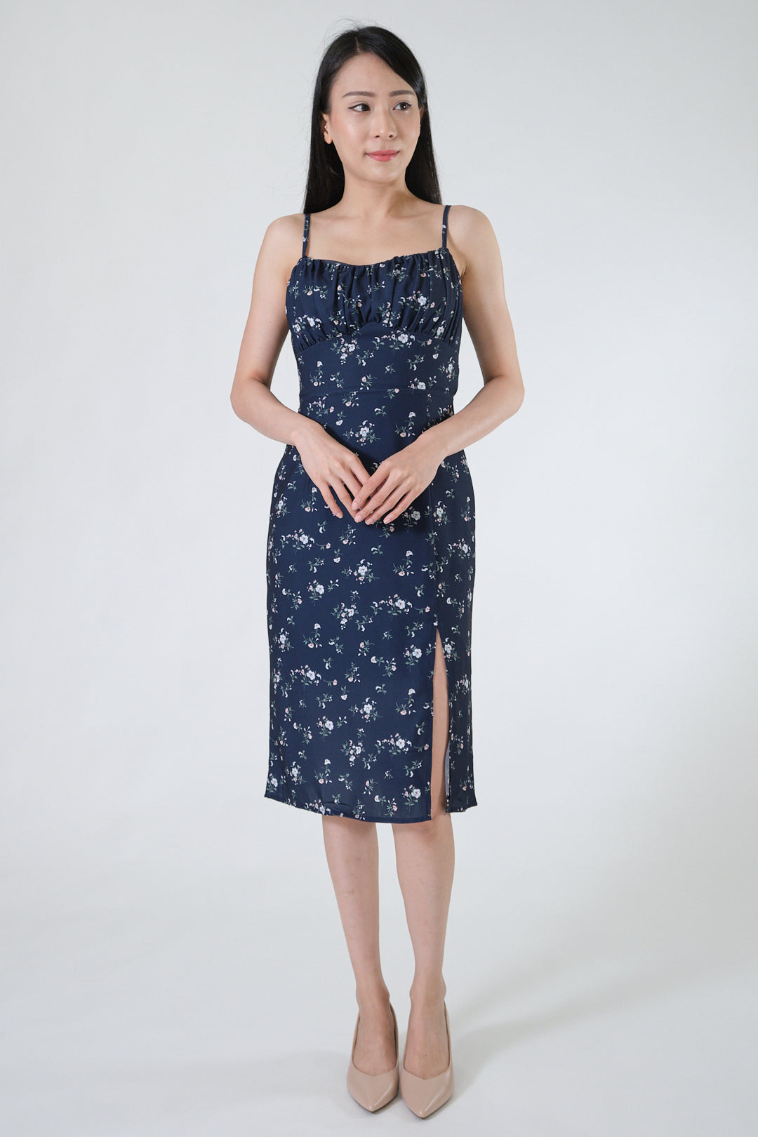 Chixxie Lily Floral Slit Dress (Navy)