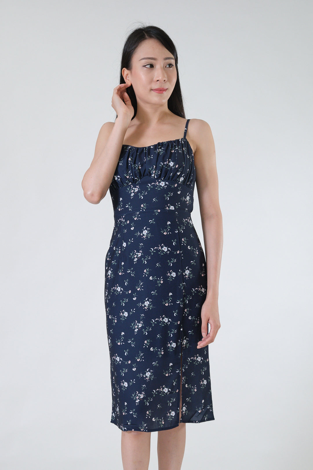 Chixxie Lily Floral Slit Dress (Navy)