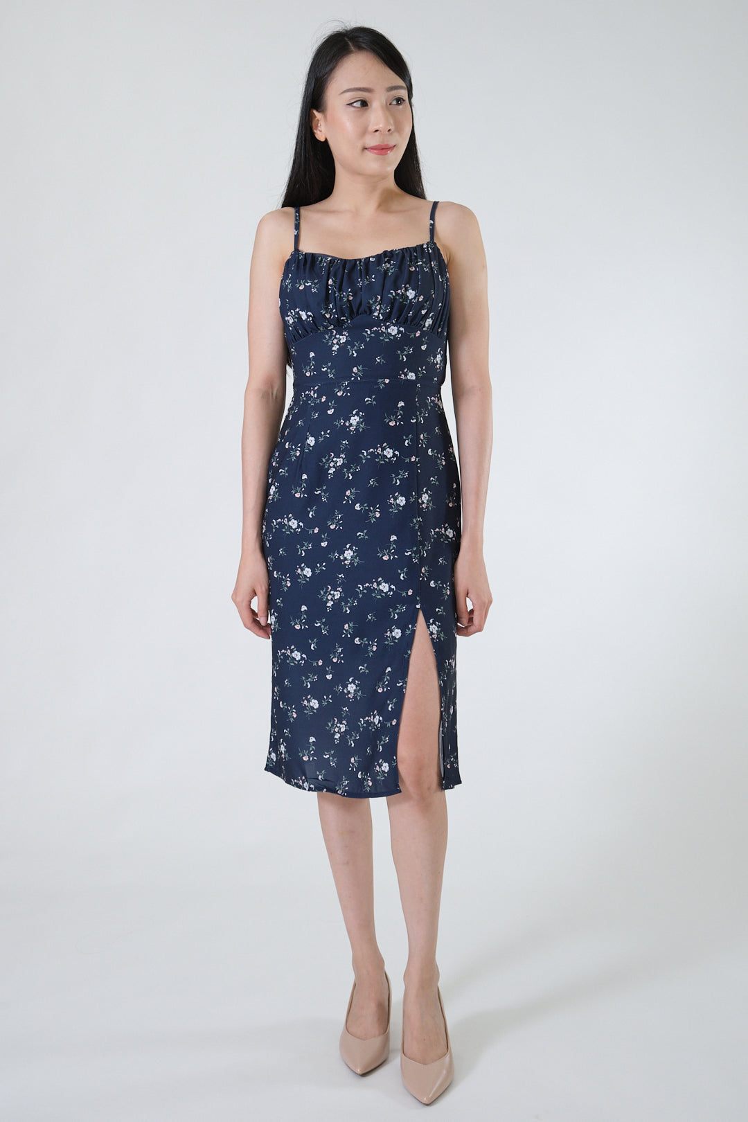 Chixxie Lily Floral Slit Dress (Navy)