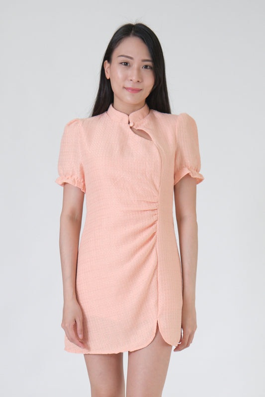 Chixxie Rosa Tweed Cheongsam Playsuit (Peach)