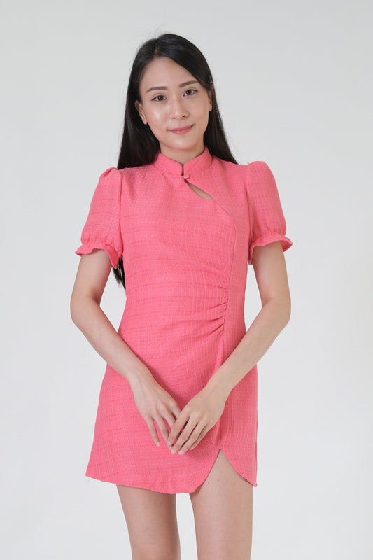 Chixxie Rosa Tweed Cheongsam Playsuit (Hot Pink)