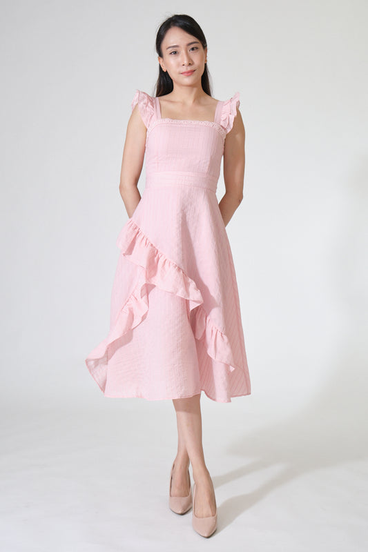 Chixxie Taylor Frill Midi Dress (Pink)