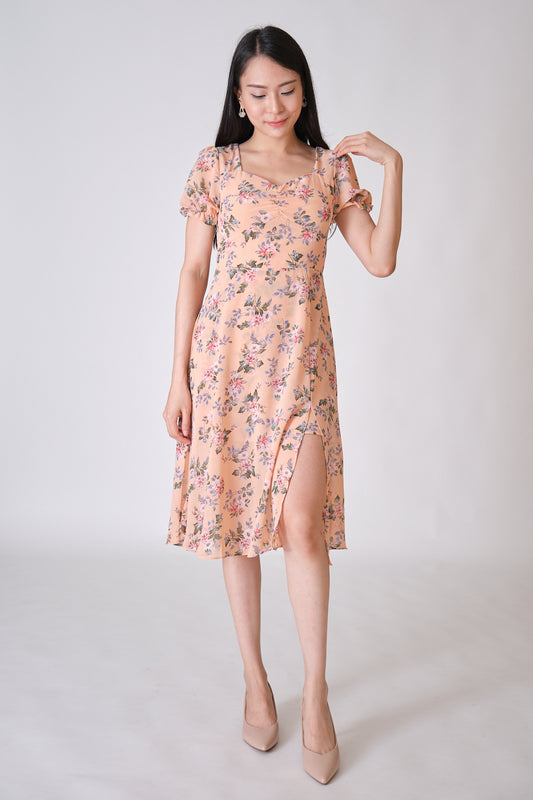 Chixxie Christine Floral Slit Midi Dress (Peach)