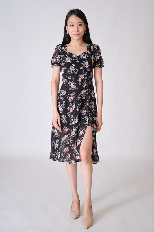 Chixxie Christine Floral Slit Midi Dress (Black)