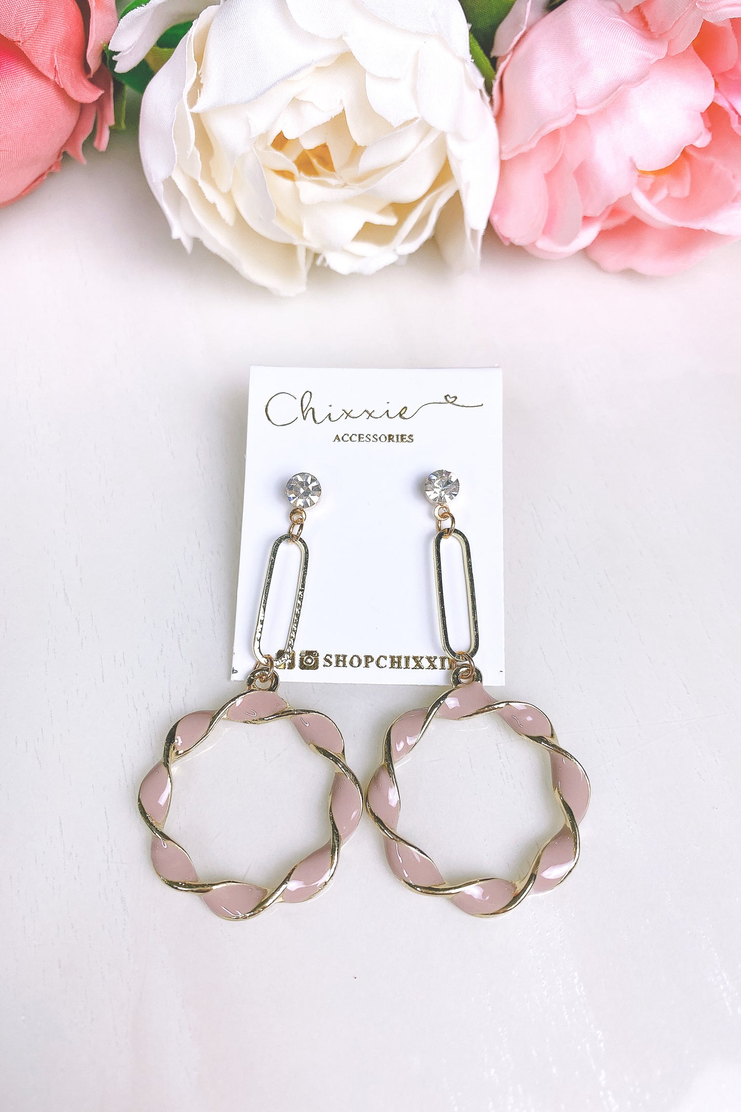 Gold Twisted Circle Pink Ceramic Drop Earrings