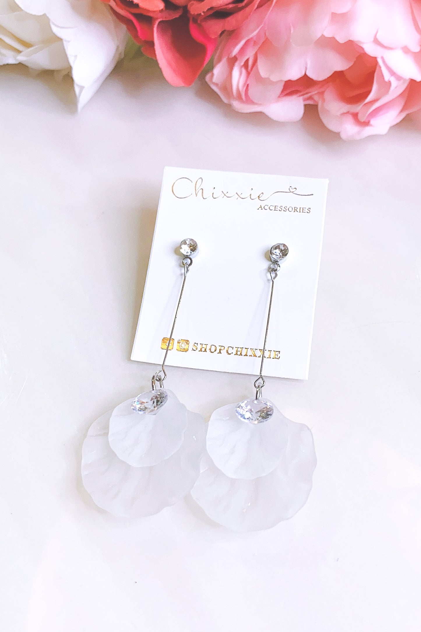 Silver Petal Crystal Drop Earrings